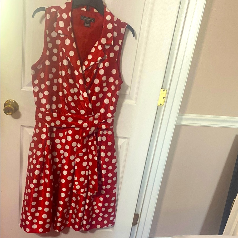 Jessica Howard ladies sleeveless polka dot pleated belted skirt dress; size: 14